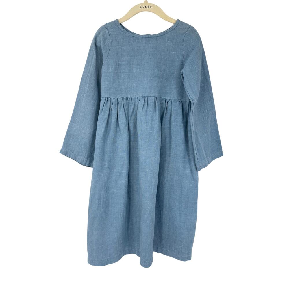 Hand Made 100% Linen Girls 6 Midi Dress Blue Cottagecore Boho Scandinavian